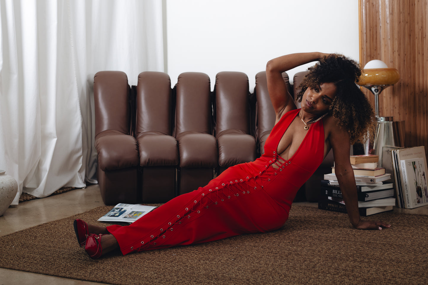 woman in red standing in elegant red maxi dress - Valentine's day, date night, wedding